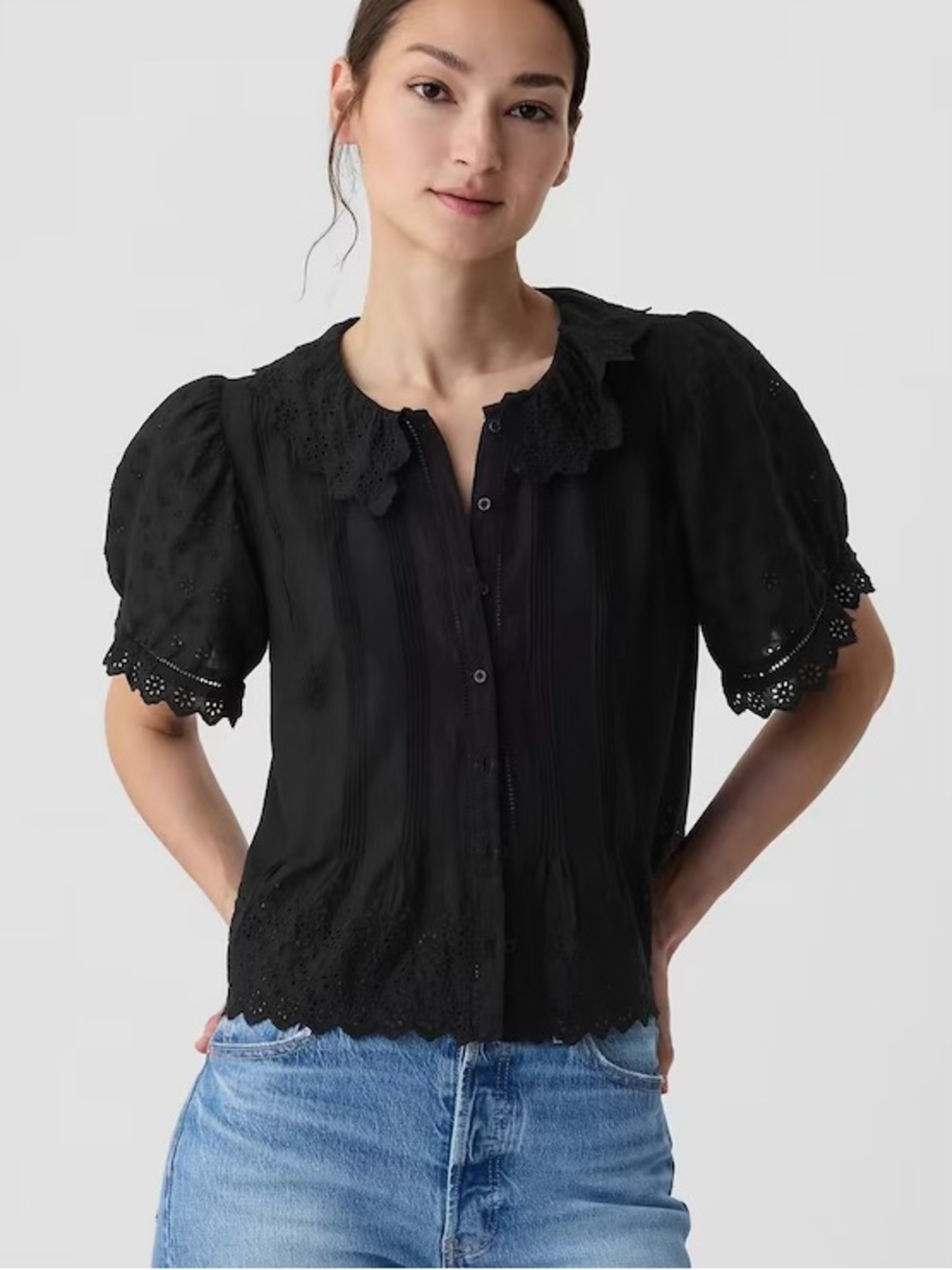 Gap x Doen Black Cropped Eyelet Short Sleeve Blouse